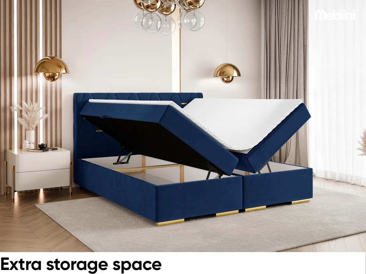 MEBLINI Boxspringbett mit Bettkasten - 200x200 - H4/Blau Samt - Versal - Gepolstert Doppelbett mit Matratze und Topper - Polsterbett mit Stauraum - Bett mit Kopfteil - Stauraumbett