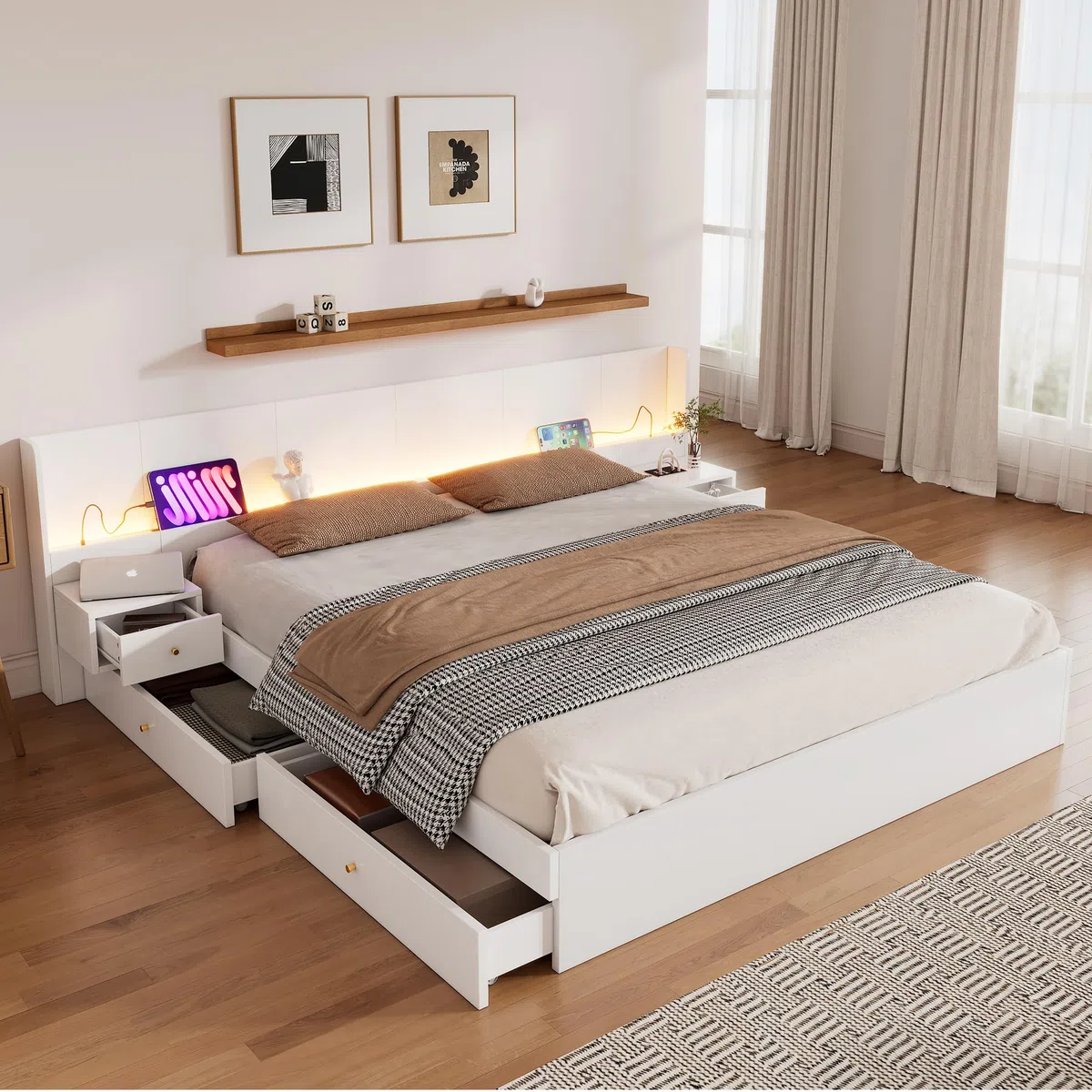 Ymkua Doppelbett 180x200cm, Stauraumbett Holzbett mit LED-Leuchten und 2 Schubladen, Bettgestell mit USB-Port und 2 Nachttische, Jugendbett Bett mit Kopfteil und Lattenrost, Weiß, ohne Matratze