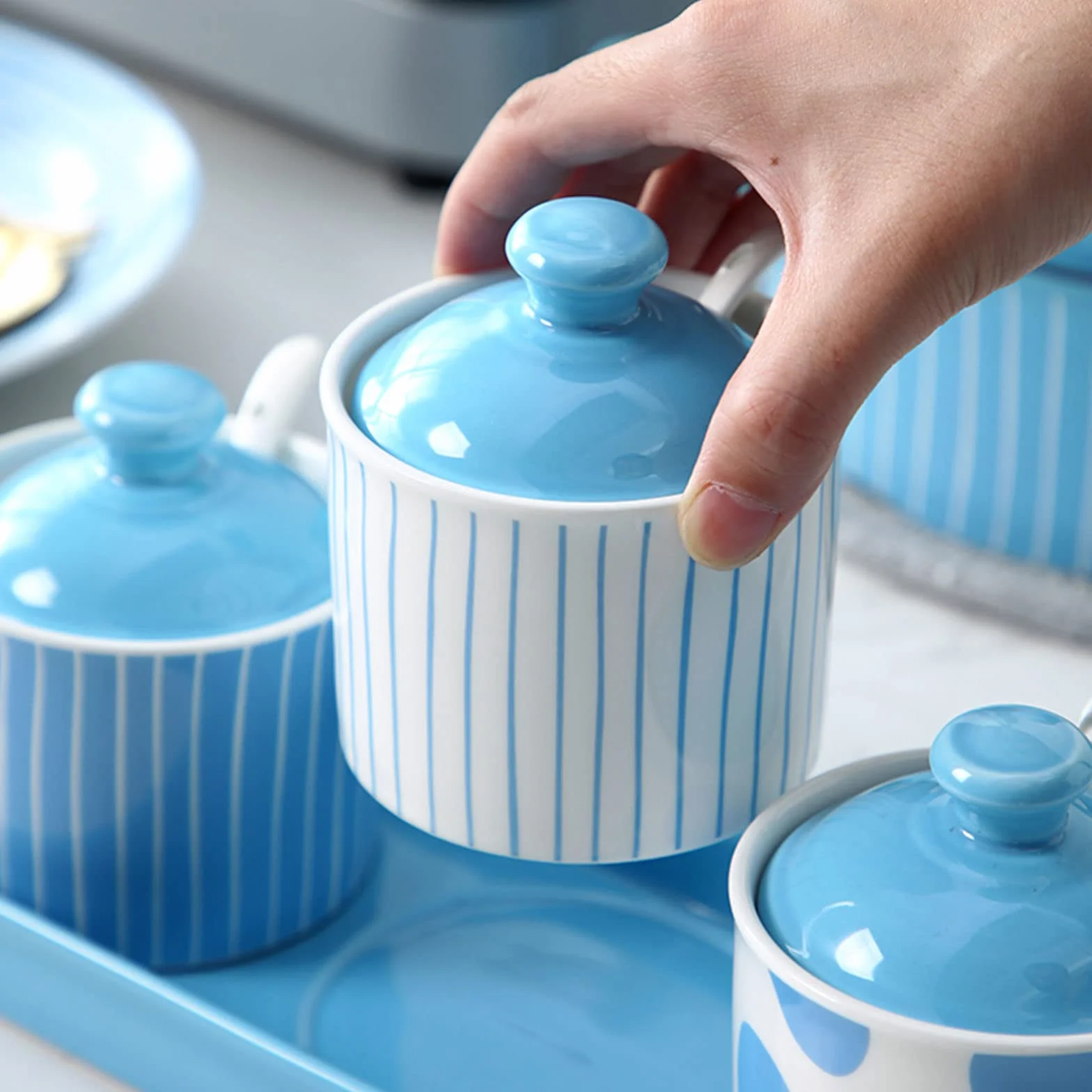 Zuckerdose, Gewürzdose, Nordische Blaue Zuckerdose Mit Deckel, Vorratsdose Für Küchendekoration, Feuchtigkeits- Und Staubdichtes Gewürzglas, Für Kaffeebar, Restaurant, Z,Blue2-3 Set of