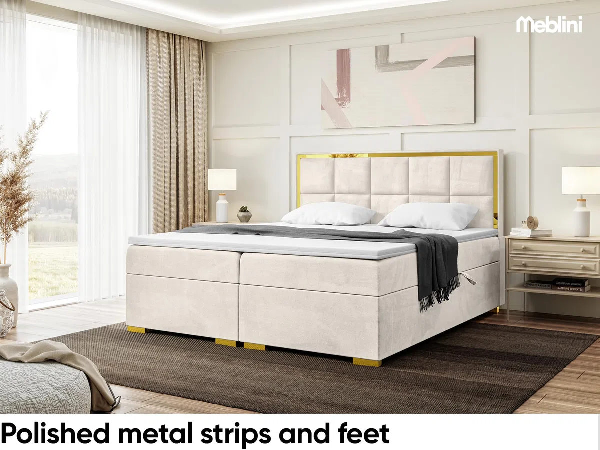 MEBLINI Boxspringbett mit Bettkasten - 200x200 - Gepolstert Doppelbett mit Matratze und Topper - Polsterbett mit Stauraum - Bett mit Kopfteil - Dani Gold - H4/Creme Samt