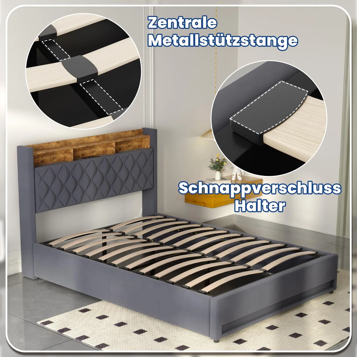 Polsterbett 160x200 mit LED & USB Ladestation, Modernes Samt Bett 160x200 cm für Erwachsene & Paare, Hydraulisches Stauraumbett mit Lattenrost, Stabil, Grau