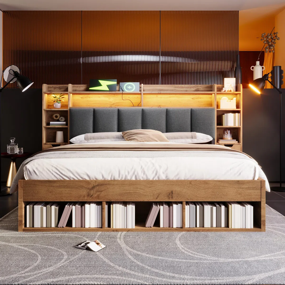 DRIXNO 180x200 cm Doppelbett-Systembett, Bettgestell mit LED-Beleuchtung, Nachttische mit USB- und Type-C-Anschlüssen,Bettrahmen mit Stauraum und Rollschubladen, Lattenrost aus Holz, Ohne Matratze