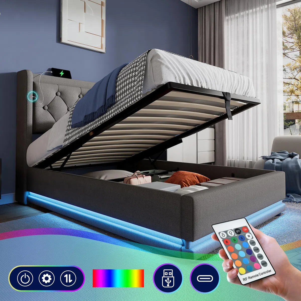 Kayan Polsterbett Stauraumbett Hydraulisches Bettgestell Einzelbett 90x200cm, Bett mit LED Beleuchtung, Gepolstertes Kopfteil mit USB Typ-C Ladefunktion, Ohne Matratze (Grau, 90x200cm)
