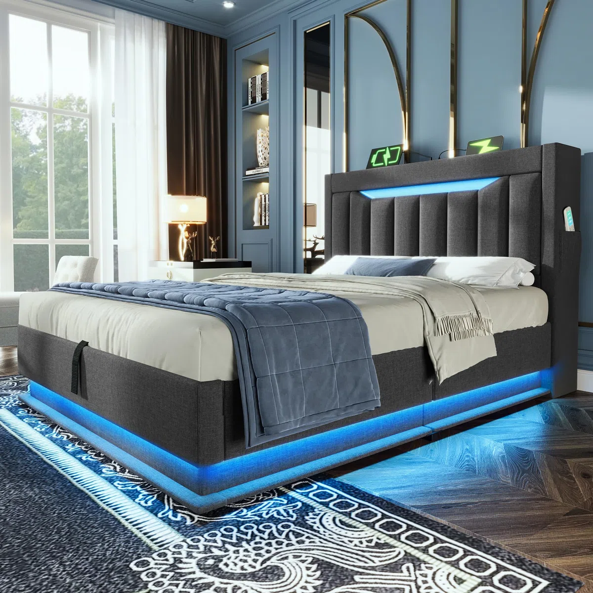 DRIXNO Polsterbett 90x200cm, Bettgestell mit LED-Beleuchtung, Einzelbett mit USB- und Typ-C-Anschlüssen, Jugendbett mit Hydraulischem Stauraum, Leinen, Grau (Ohne Matratze)