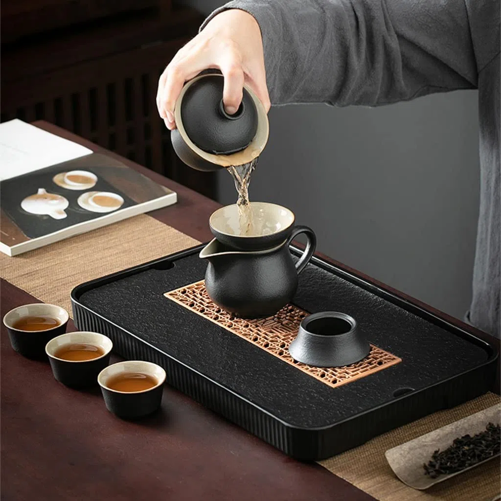 Teetablett, Teeteller, Kongfu-Teetablett, Gongfu-Teetablett, chinesisches Teeservice, japanisch/chinesischer Gongfu-Teetisch, Teetisch mit Wasseraufbewahrung (42 x 25 x 3,5 cm)