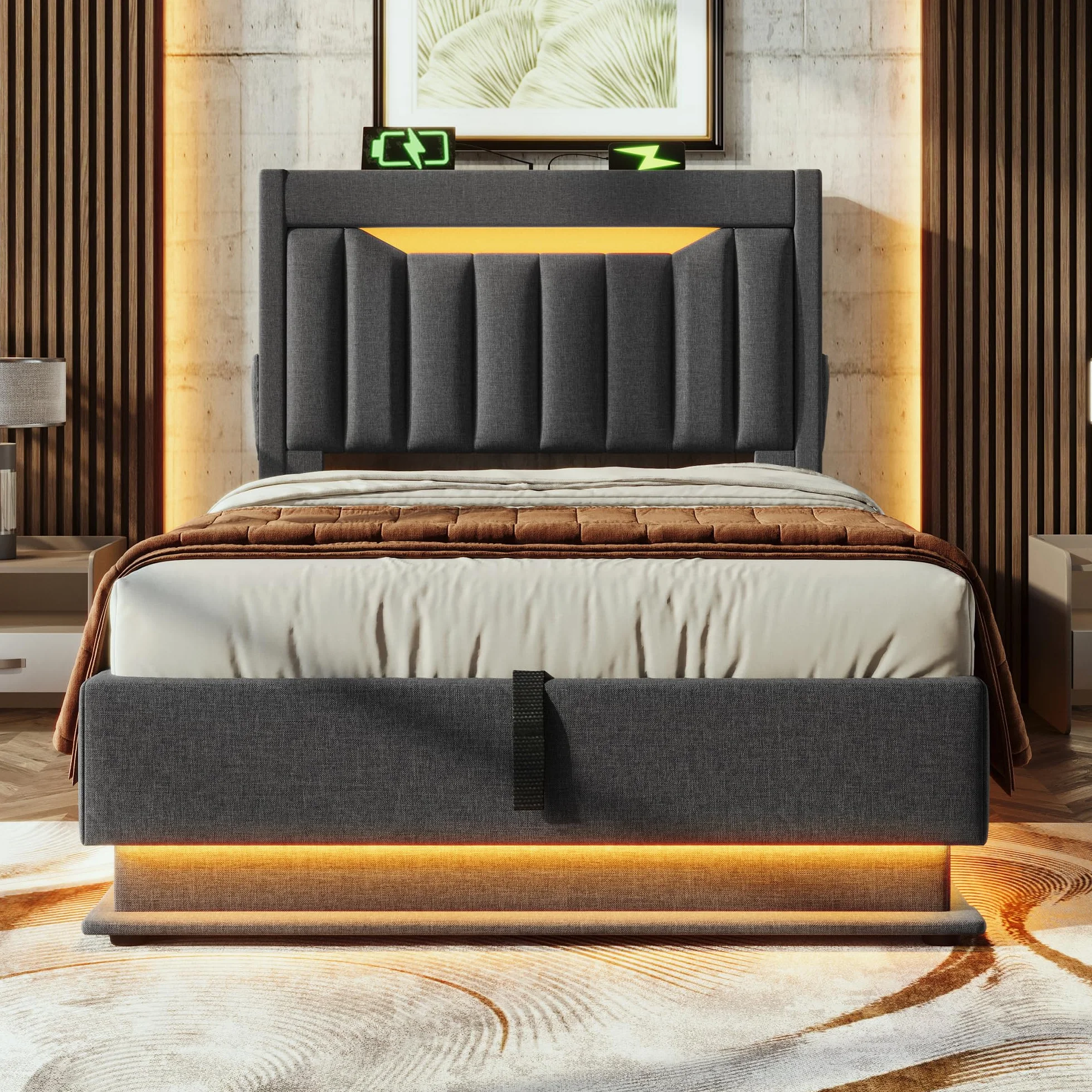 DRIXNO Polsterbett 90x200cm, Bettgestell mit LED-Beleuchtung, Einzelbett mit USB- und Typ-C-Anschlüssen, Jugendbett mit Hydraulischem Stauraum, Leinen, Grau (Ohne Matratze)