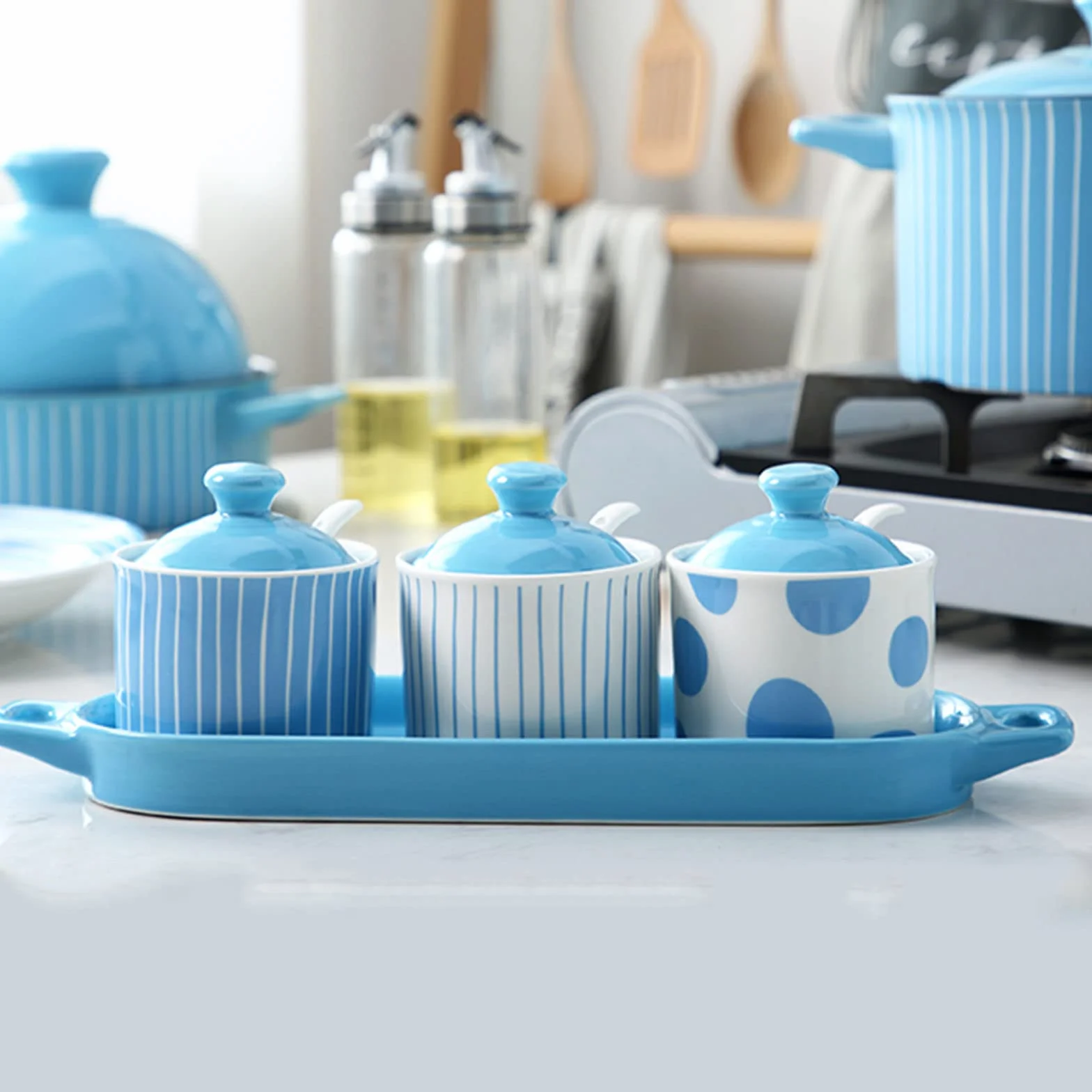 Zuckerdose, Gewürzdose, Nordische Blaue Zuckerdose Mit Deckel, Vorratsdose Für Küchendekoration, Feuchtigkeits- Und Staubdichtes Gewürzglas, Für Kaffeebar, Restaurant, Z,Blue2-3 Set of