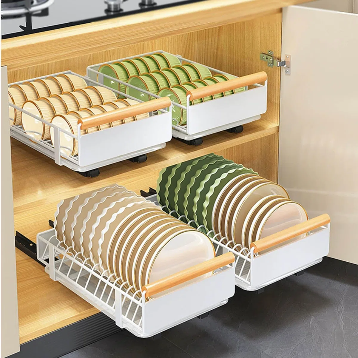 Ausziehbarer Schrank-Organizer, ausziehbare Schubladen mit Holzgriff, ausrollbares Regal für die Küche, ideal für Töpfe, Teller und Schüsseln