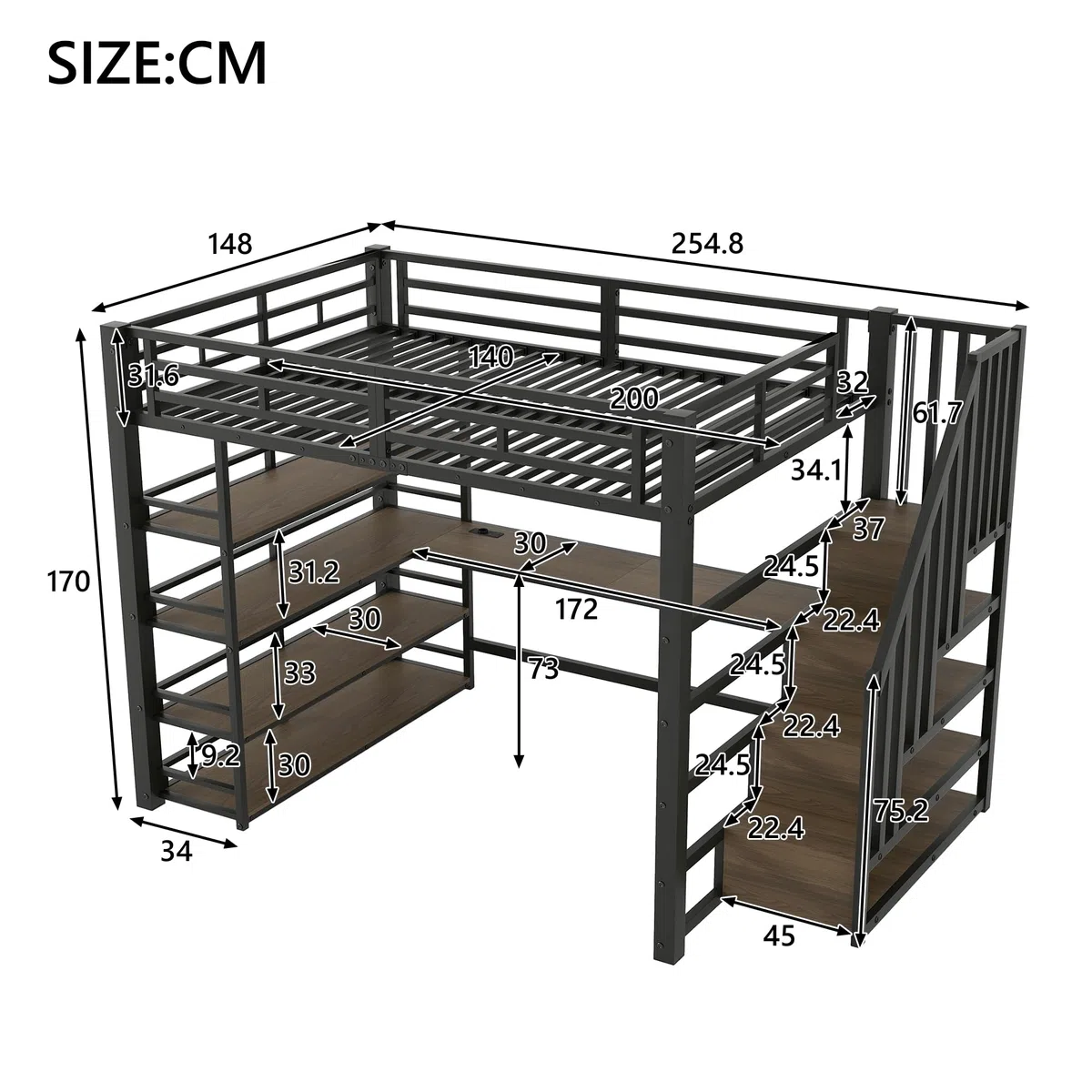 140x200 Metall-Hochbett mit Treppe, integriertem Schreibtisch, Staufächern, USB-Ladestation und LED-Licht (Schwarz)