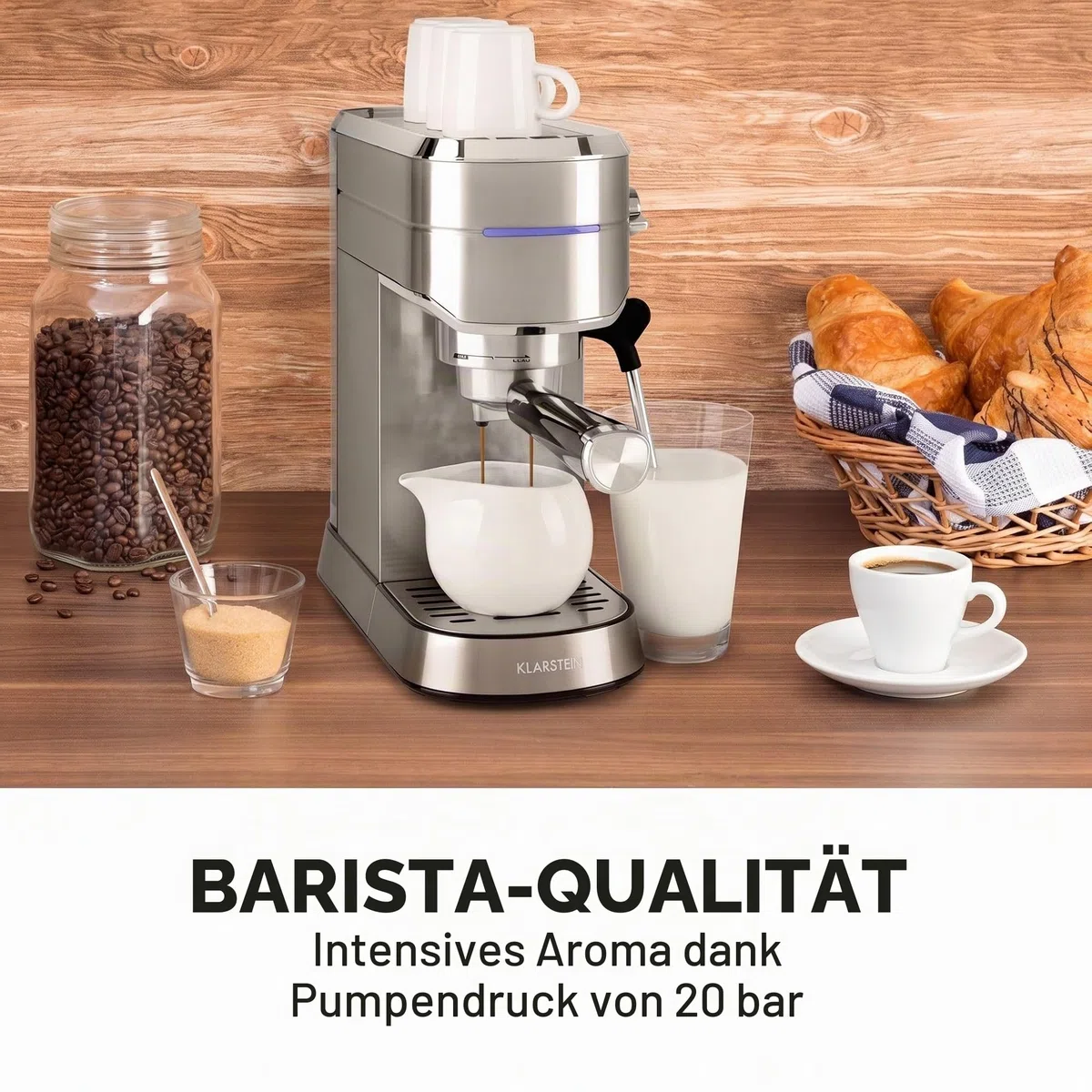 Klarstein Futura Espressomaschine, Siebträgermaschine mit 1450 Watt, 20 bar, Barista-Qualität, Zweifach Ausguss, Fließstopp, Siebträger Kaffeemaschine, Milchaufschäum-Funktion, silber
