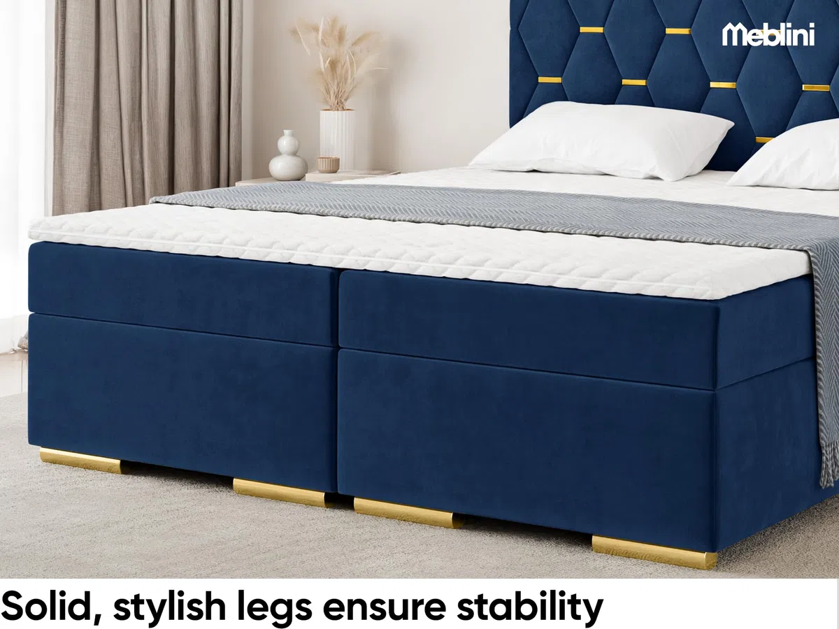 MEBLINI Boxspringbett mit Bettkasten - 200x200 - H4/Blau Samt - Versal - Gepolstert Doppelbett mit Matratze und Topper - Polsterbett mit Stauraum - Bett mit Kopfteil - Stauraumbett
