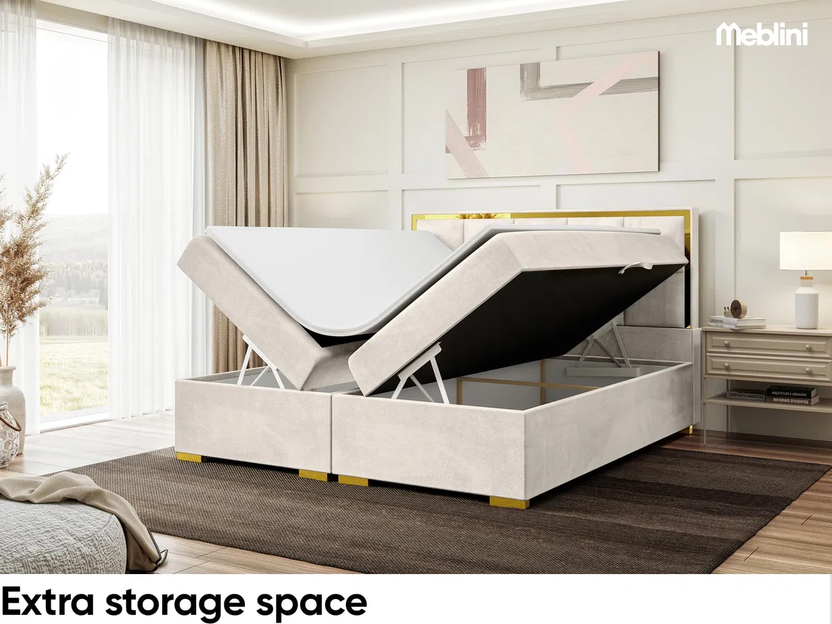 MEBLINI Boxspringbett mit Bettkasten - 200x200 - Gepolstert Doppelbett mit Matratze und Topper - Polsterbett mit Stauraum - Bett mit Kopfteil - Dani Gold - H4/Creme Samt