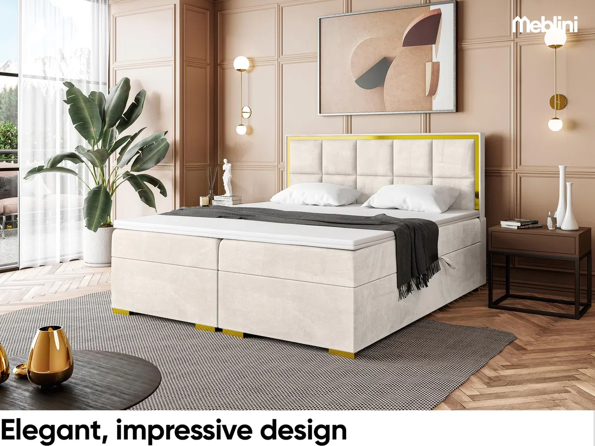 MEBLINI Boxspringbett mit Bettkasten - 200x200 - Gepolstert Doppelbett mit Matratze und Topper - Polsterbett mit Stauraum - Bett mit Kopfteil - Dani Gold - H4/Creme Samt