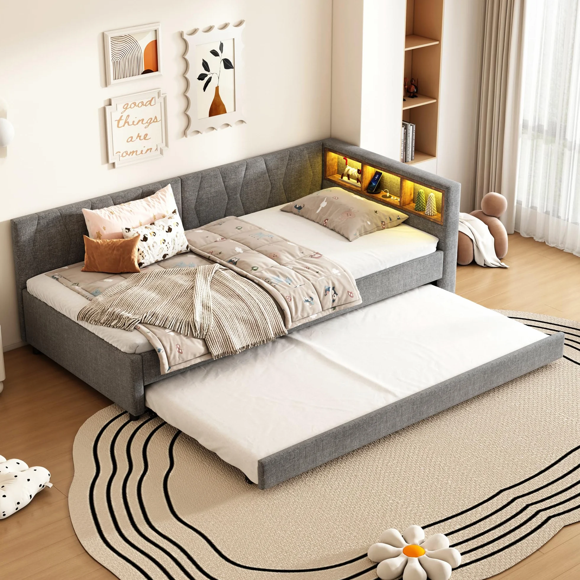 Polsterbett Schlafsofa 90x200, Einzelbett mit LED-Licht&USB Ladefunktion&Ausziehbett&Ablagefach, Funktionsbett Tagesbett Kinderbett Jugendbett Bettgestell mit Lattenrost, Leinen, Ohne Matratze, Grau
