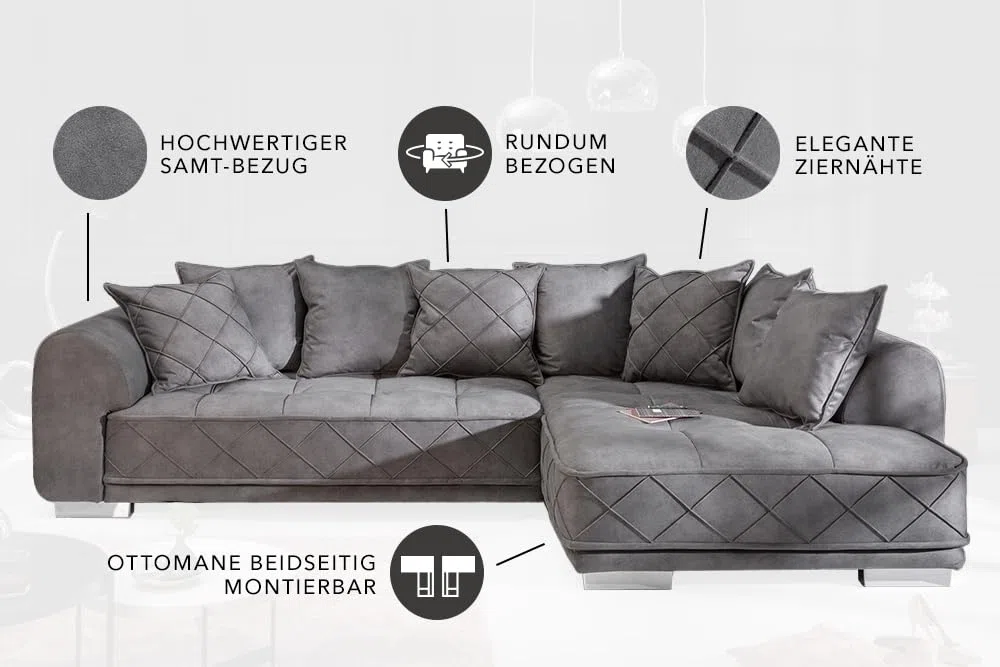 Riess Ambiente Modernes XXL Ecksofa DECADENCIA 319cm Silbergrau Samt inkl. Kissen Eckcouch Sofa mit Samtbezug Couch