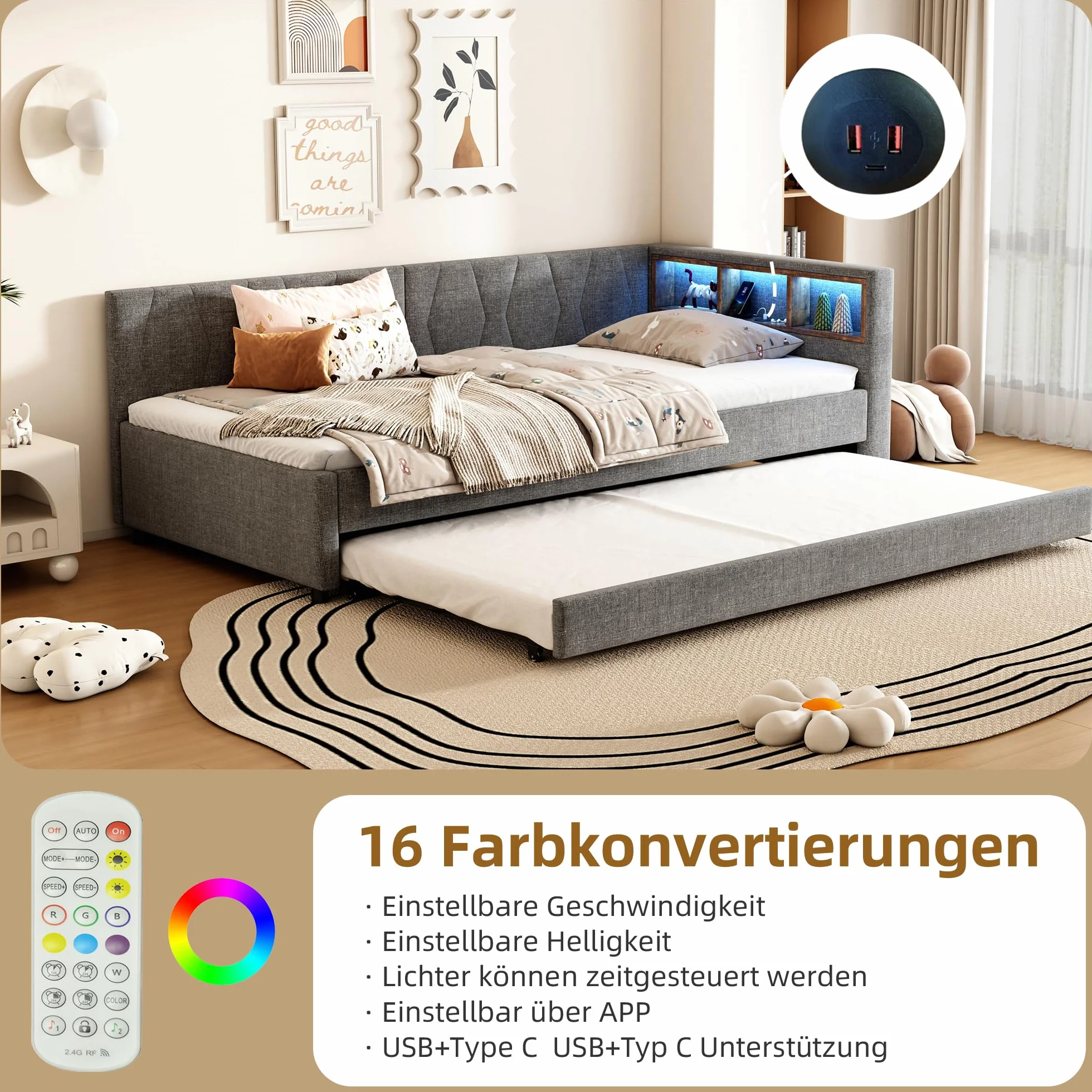 Polsterbett Schlafsofa 90x200, Einzelbett mit LED-Licht&USB Ladefunktion&Ausziehbett&Ablagefach, Funktionsbett Tagesbett Kinderbett Jugendbett Bettgestell mit Lattenrost, Leinen, Ohne Matratze, Grau