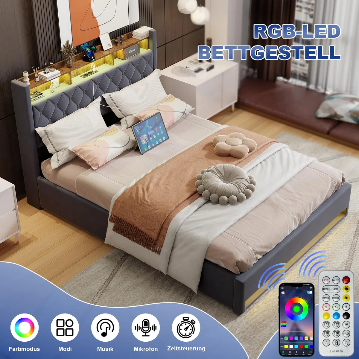 Polsterbett 160x200 mit LED & USB Ladestation, Modernes Samt Bett 160x200 cm für Erwachsene & Paare, Hydraulisches Stauraumbett mit Lattenrost, Stabil, Grau
