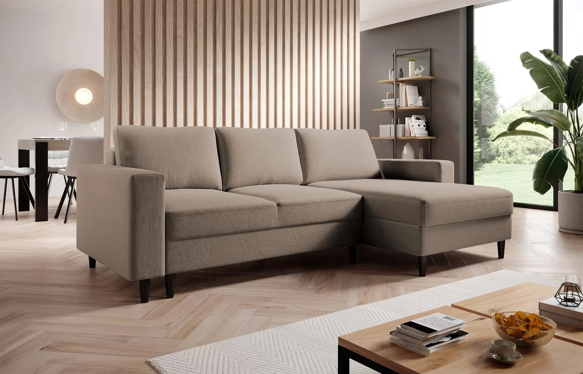 Selsey - Nalika L-förmiges Ecksofa mit Aufbewahrungsbox aus hydrophobem Velours in Dunkelbeige auf der rechten Seite