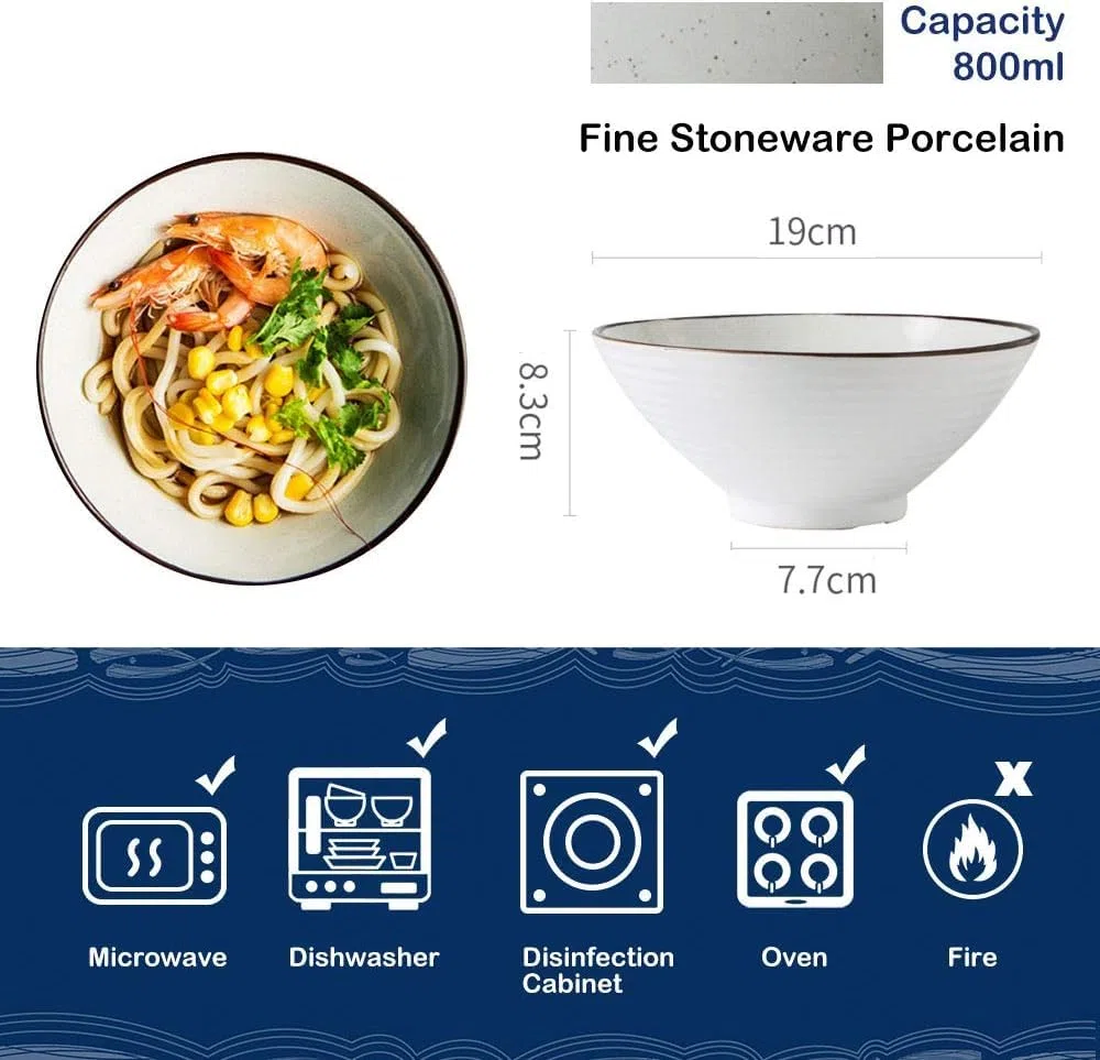 Générique Ramen Nudelsuppenschüssel aus Porzellan mit Essstäbchen und Löffeln, 2 große japanische Schüsseln mit 800 ml für Udon, Pho, Nudeln und Salate, Müsli-Nudelschalen