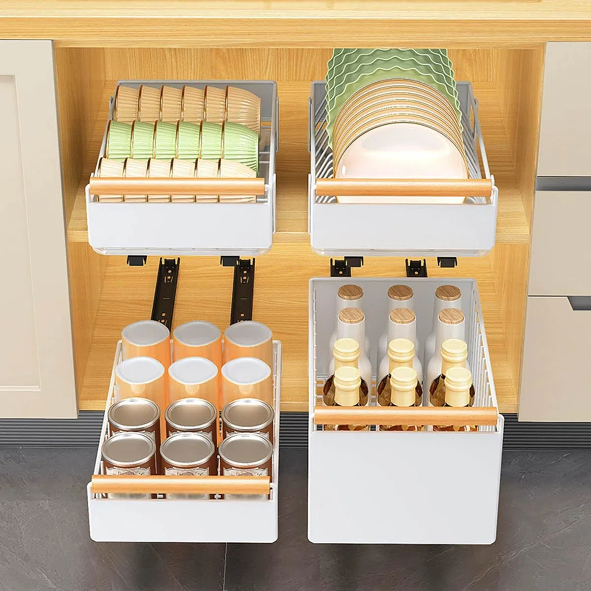 Ausziehbarer Schrank-Organizer, ausziehbare Schubladen mit Holzgriff, ausrollbares Regal für die Küche, ideal für Töpfe, Teller und Schüsseln