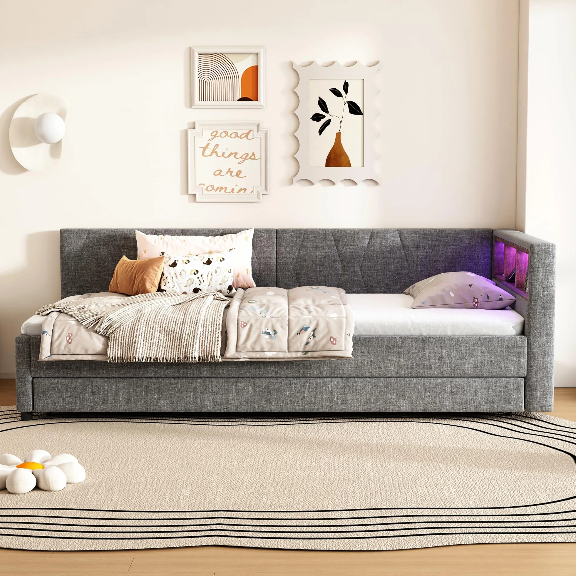 Polsterbett Schlafsofa 90x200, Einzelbett mit LED-Licht&USB Ladefunktion&Ausziehbett&Ablagefach, Funktionsbett Tagesbett Kinderbett Jugendbett Bettgestell mit Lattenrost, Leinen, Ohne Matratze, Grau