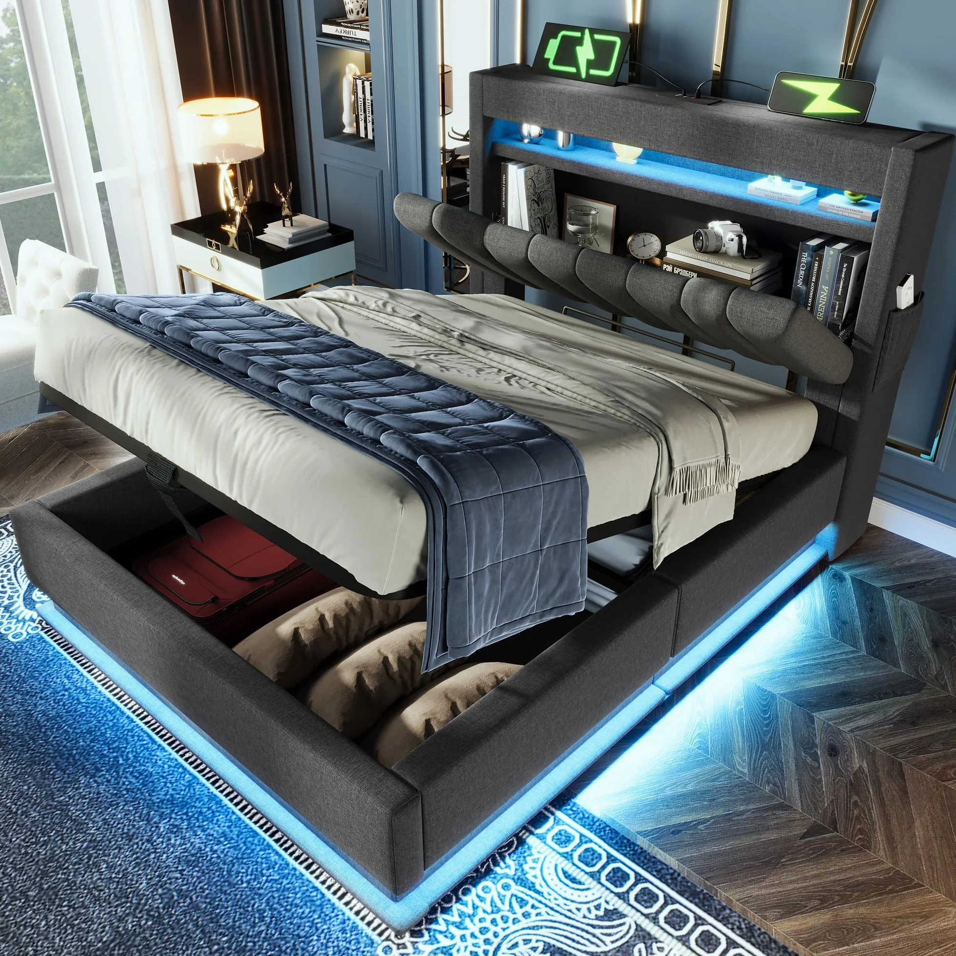 DRIXNO Polsterbett 90x200cm, Bettgestell mit LED-Beleuchtung, Einzelbett mit USB- und Typ-C-Anschlüssen, Jugendbett mit Hydraulischem Stauraum, Leinen, Grau (Ohne Matratze)
