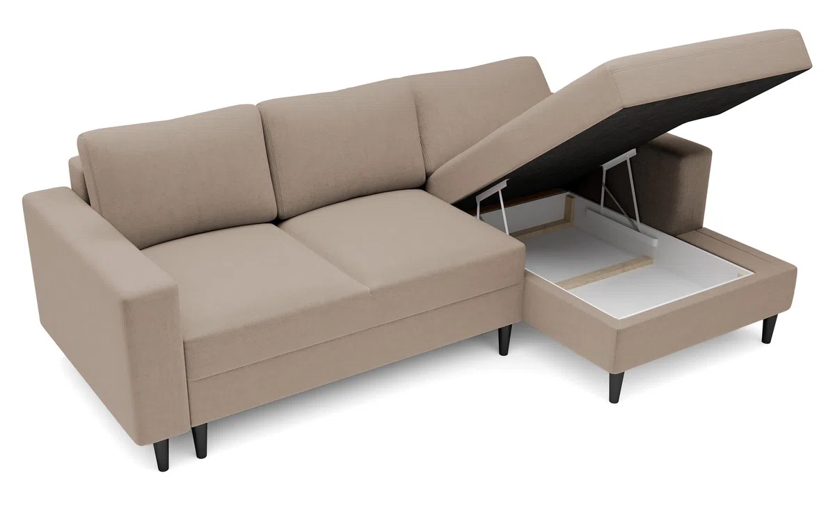 Selsey - Nalika L-förmiges Ecksofa mit Aufbewahrungsbox aus hydrophobem Velours in Dunkelbeige auf der rechten Seite