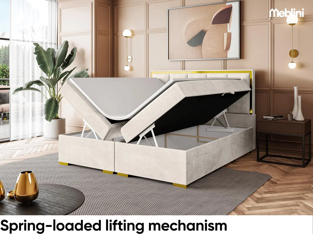 MEBLINI Boxspringbett mit Bettkasten - 200x200 - Gepolstert Doppelbett mit Matratze und Topper - Polsterbett mit Stauraum - Bett mit Kopfteil - Dani Gold - H4/Creme Samt