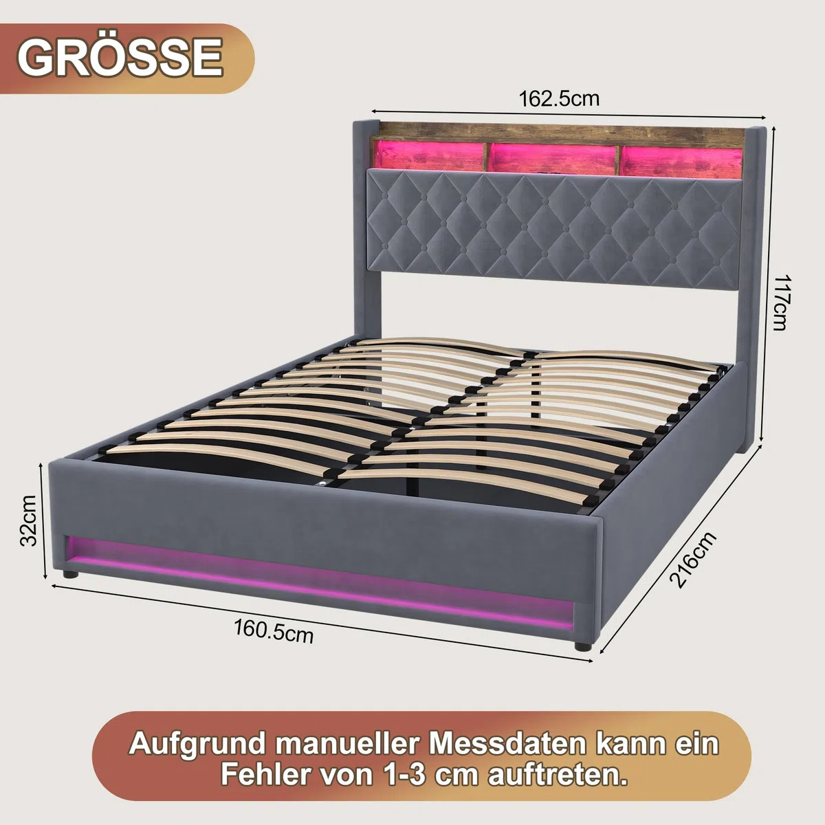 Polsterbett 160x200 mit LED & USB Ladestation, Modernes Samt Bett 160x200 cm für Erwachsene & Paare, Hydraulisches Stauraumbett mit Lattenrost, Stabil, Grau