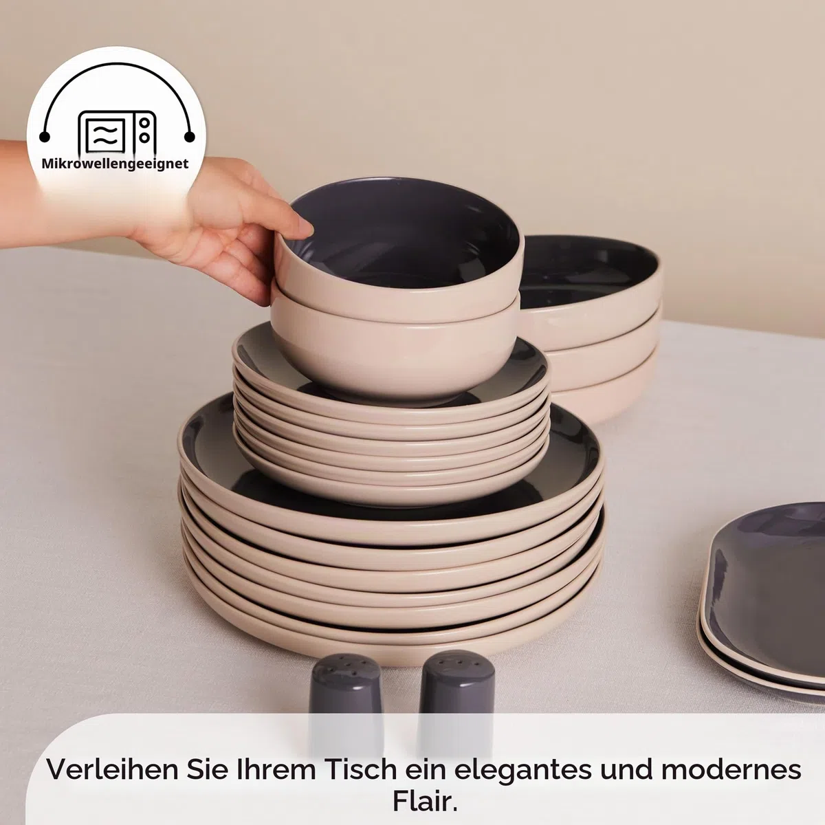 KARACA Terra Geschirrset Basic 36 teilig für 8 Personen Anthrazit, Modernes Steingut Tafelservice Kombiservice, Kratzfestes Teller Set mit Schüsseln, Mikrowellen und Spülmaschinenfest