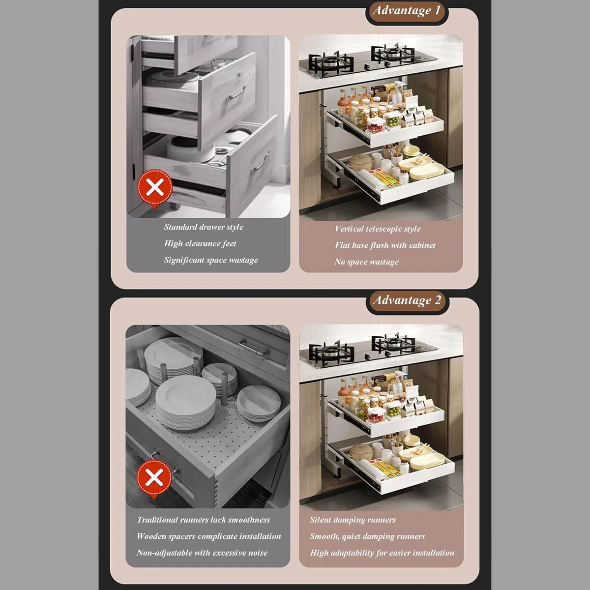 Ausziehbarer Schrank-Organizer mit ausziehbaren Schubladen, 2-stöckiges Design für Küche, Bad und Speisekammer, verstellbare Höhe und Länge