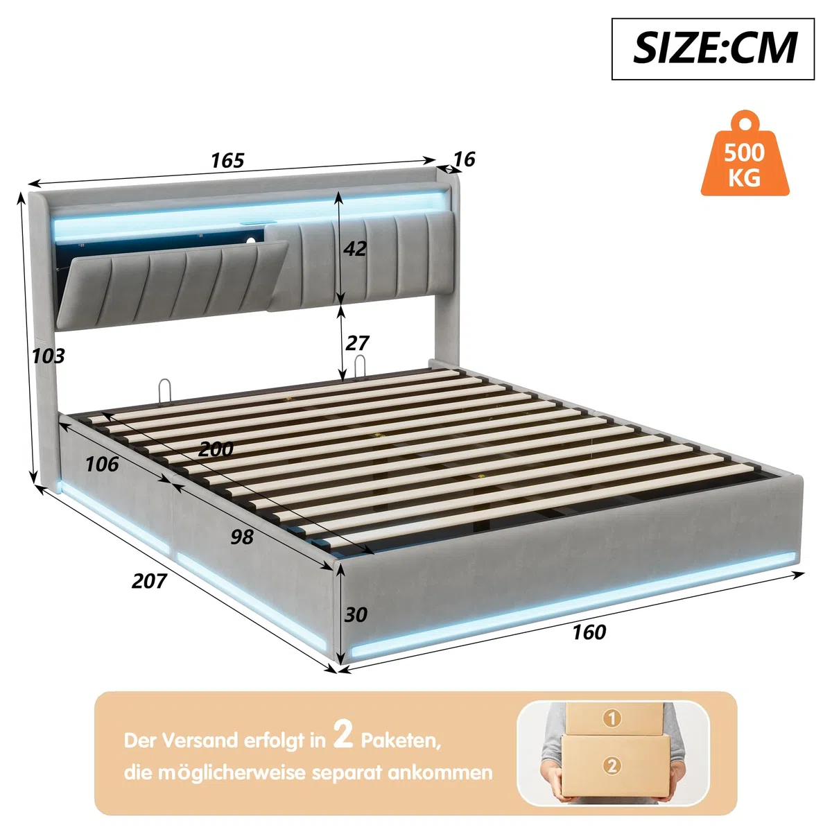Polsterbett 160x200 mit LED-Bleuchtung,Grau Hydraulisch Stauraumbett,Jugendbett mit USB und Type-C Ladestation,Doppelbett mit Stauraum Kopfteil,Bettgestell mit Lattenrost,Samt (ohne Matratze)