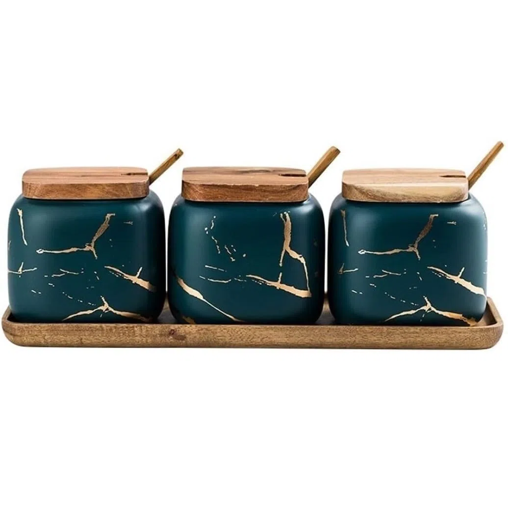 SAeWare Gewürzbox aus Keramik, Zuckerdose, Gewürzbehälter-Set mit Löffel und Deckel, Gewürzbehälter, Grün