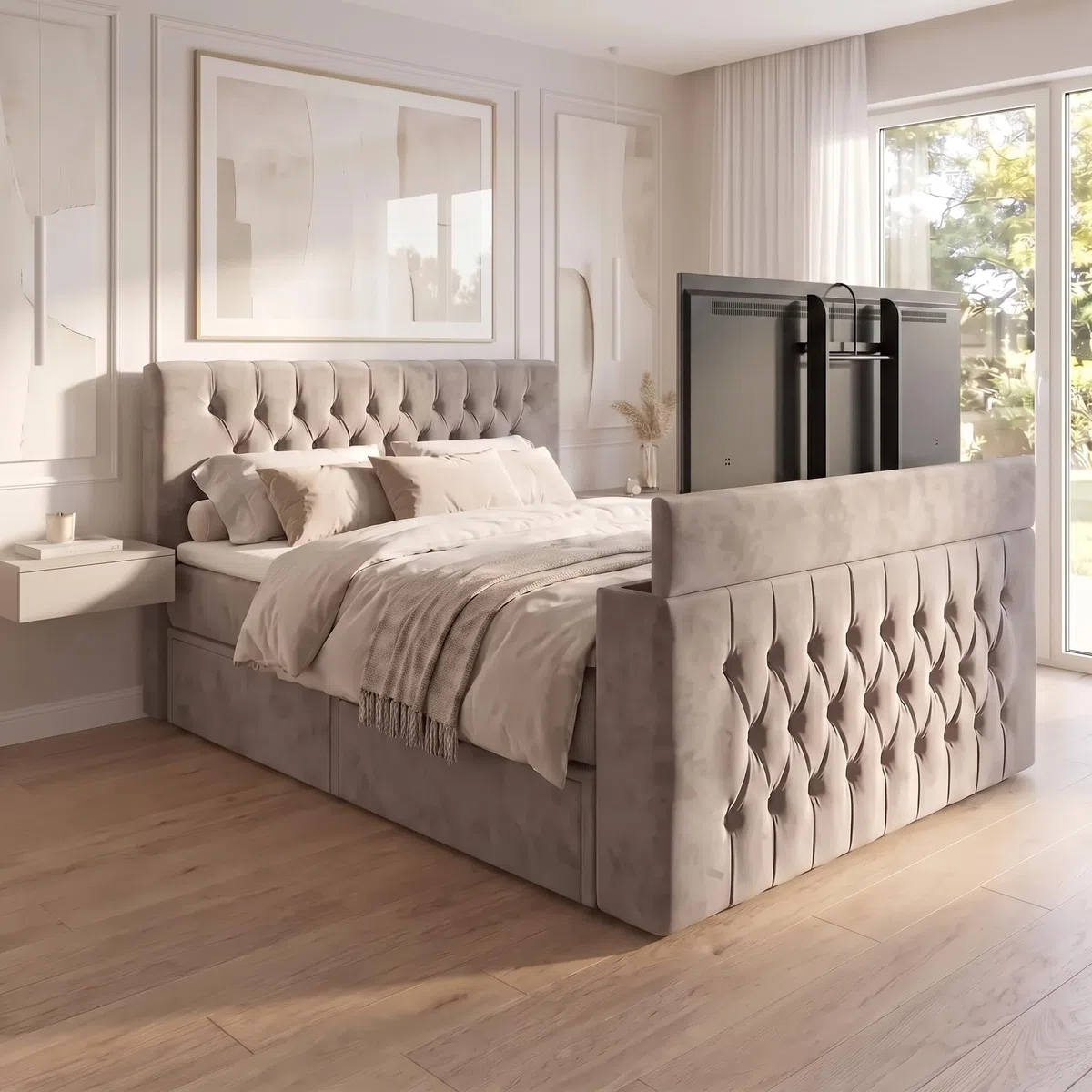 Polsterbett Horizon 140x200 TV-Lift, Schubladen, Beige