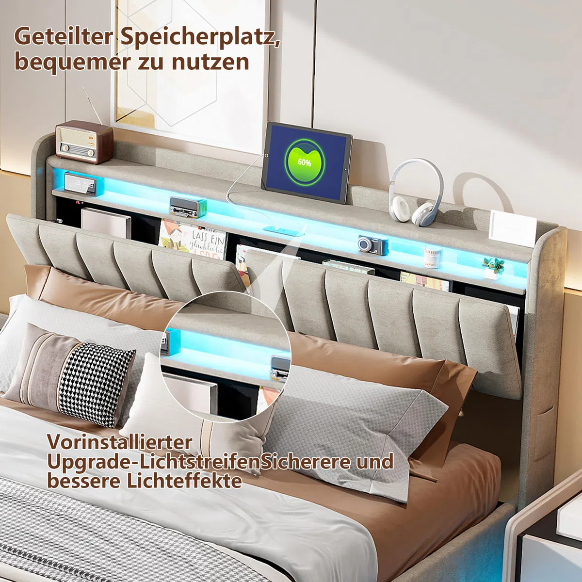 Polsterbett 160x200 mit LED-Bleuchtung,Grau Hydraulisch Stauraumbett,Jugendbett mit USB und Type-C Ladestation,Doppelbett mit Stauraum Kopfteil,Bettgestell mit Lattenrost,Samt (ohne Matratze)