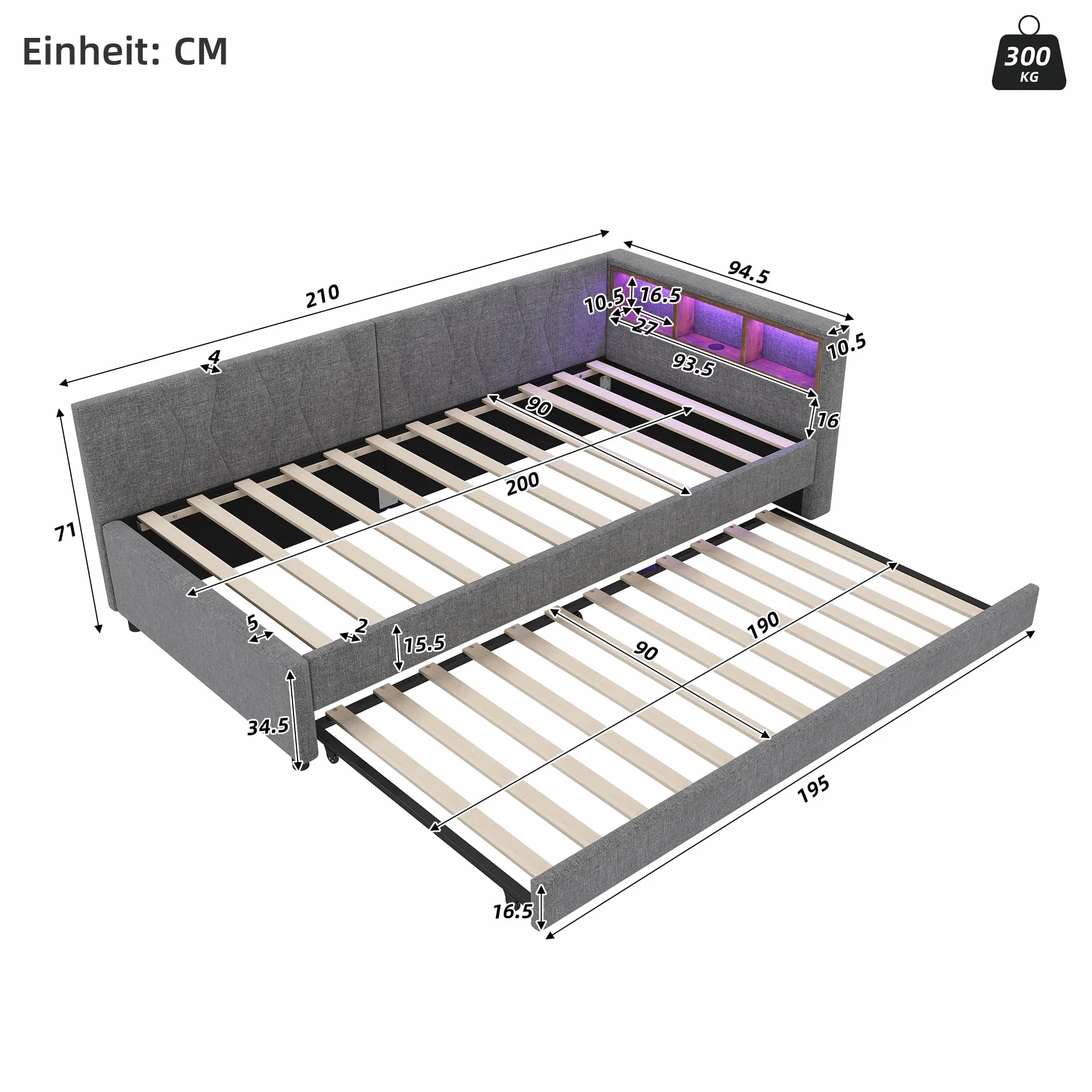 Polsterbett Schlafsofa 90x200, Einzelbett mit LED-Licht&USB Ladefunktion&Ausziehbett&Ablagefach, Funktionsbett Tagesbett Kinderbett Jugendbett Bettgestell mit Lattenrost, Leinen, Ohne Matratze, Grau
