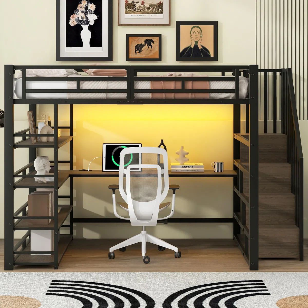 140x200 Metall-Hochbett mit Treppe, integriertem Schreibtisch, Staufächern, USB-Ladestation und LED-Licht (Schwarz)