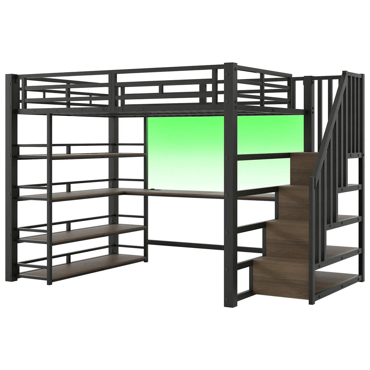 140x200 Metall-Hochbett mit Treppe, integriertem Schreibtisch, Staufächern, USB-Ladestation und LED-Licht (Schwarz)