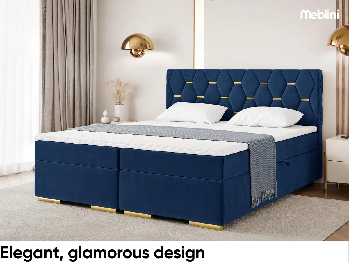 MEBLINI Boxspringbett mit Bettkasten - 200x200 - H4/Blau Samt - Versal - Gepolstert Doppelbett mit Matratze und Topper - Polsterbett mit Stauraum - Bett mit Kopfteil - Stauraumbett