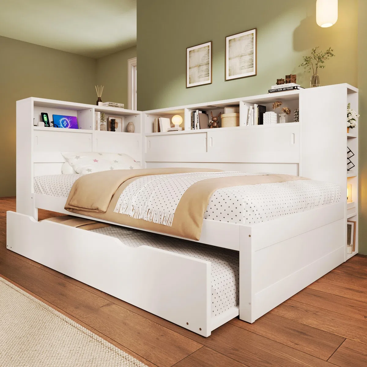 Tagesbett 90x200cm(90x190cm) Kinderbett, Plattformbett mit Ausziehbett, Plattformbett mit Staufach mit USB (Weiß)