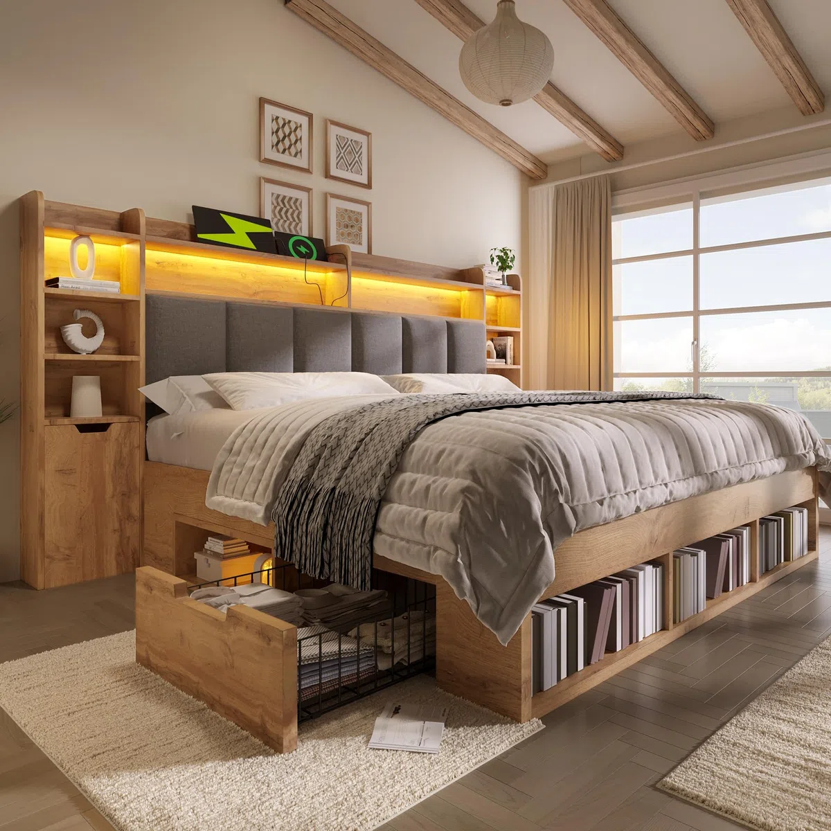DRIXNO 180x200 cm Doppelbett-Systembett, Bettgestell mit LED-Beleuchtung, Nachttische mit USB- und Type-C-Anschlüssen,Bettrahmen mit Stauraum und Rollschubladen, Lattenrost aus Holz, Ohne Matratze