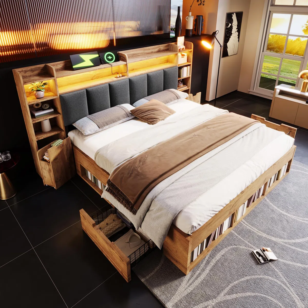 DRIXNO 180x200 cm Doppelbett-Systembett, Bettgestell mit LED-Beleuchtung, Nachttische mit USB- und Type-C-Anschlüssen,Bettrahmen mit Stauraum und Rollschubladen, Lattenrost aus Holz, Ohne Matratze
