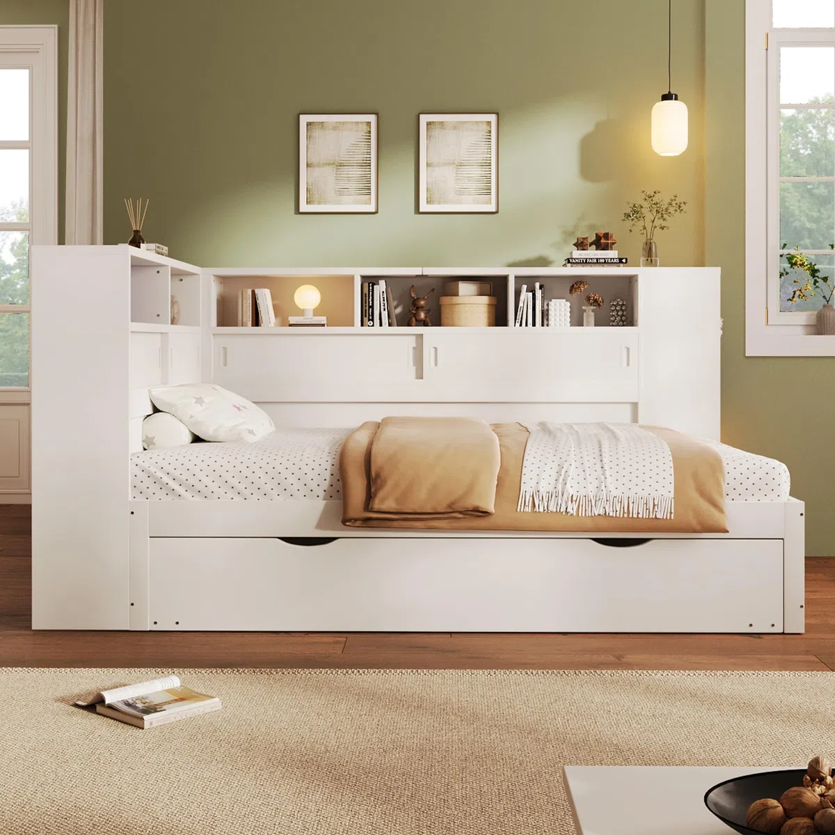 Tagesbett 90x200cm(90x190cm) Kinderbett, Plattformbett mit Ausziehbett, Plattformbett mit Staufach mit USB (Weiß)