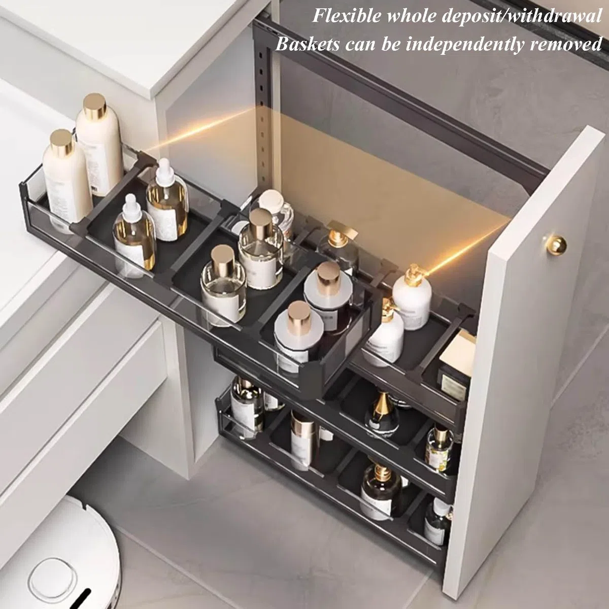 Ausziehbarer Schrank-Organizer, 48,3 cm tief, sanft schließend, robuste Metallschublade für Küche, Speisekammer und Badezimmer