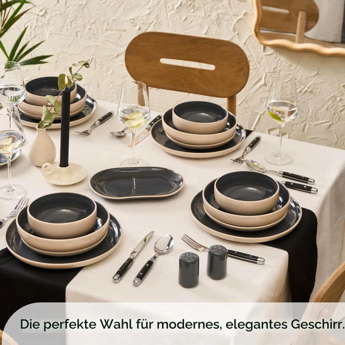 KARACA Terra Geschirrset Basic 36 teilig für 8 Personen Anthrazit, Modernes Steingut Tafelservice Kombiservice, Kratzfestes Teller Set mit Schüsseln, Mikrowellen und Spülmaschinenfest