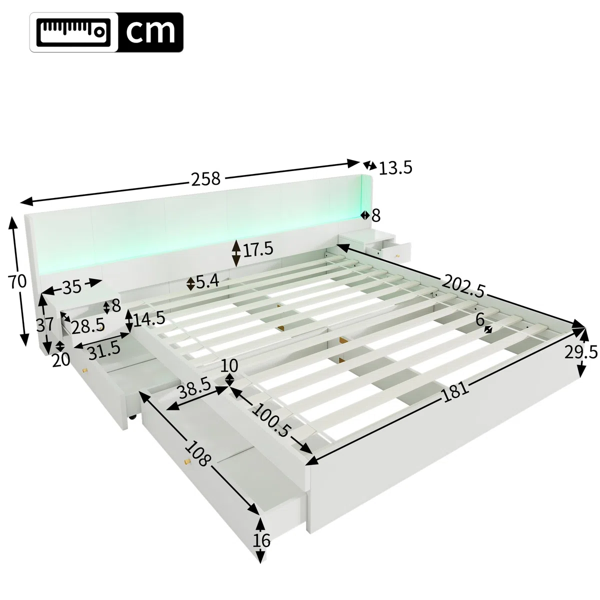 Ymkua Doppelbett 180x200cm, Stauraumbett Holzbett mit LED-Leuchten und 2 Schubladen, Bettgestell mit USB-Port und 2 Nachttische, Jugendbett Bett mit Kopfteil und Lattenrost, Weiß, ohne Matratze