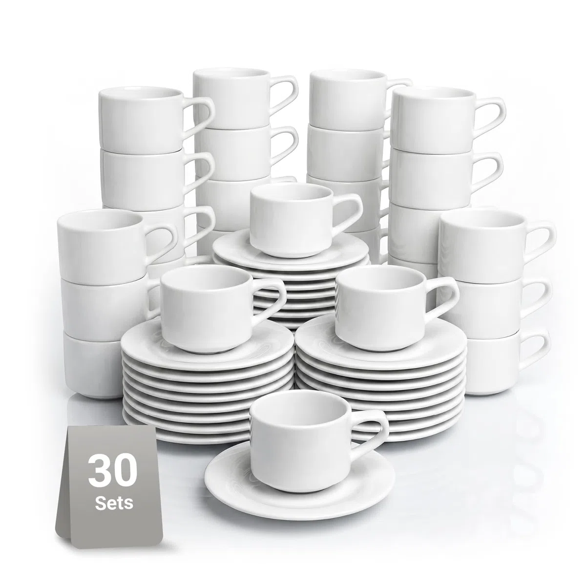 VEGA Base Kaffeetassen-Set – Kaffeetasse 200 ml & Untertasse 15 cm, 30 Personen, Kaffee Geschirr Set, spülmaschinenfest, mikrowellengeeignet, weißes Hotelporzellan für Café, Haushalt, Restaurant