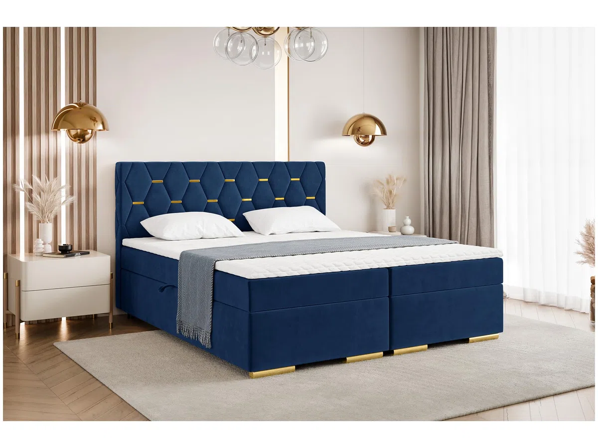 MEBLINI Boxspringbett mit Bettkasten - 200x200 - H4/Blau Samt - Versal - Gepolstert Doppelbett mit Matratze und Topper - Polsterbett mit Stauraum - Bett mit Kopfteil - Stauraumbett