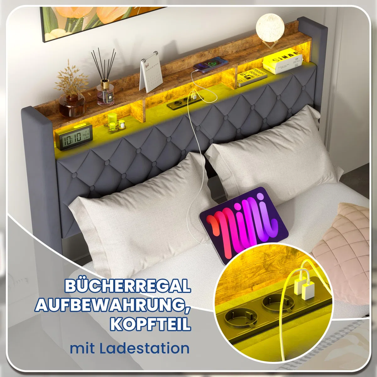 Polsterbett 160x200 mit LED & USB Ladestation, Modernes Samt Bett 160x200 cm für Erwachsene & Paare, Hydraulisches Stauraumbett mit Lattenrost, Stabil, Grau