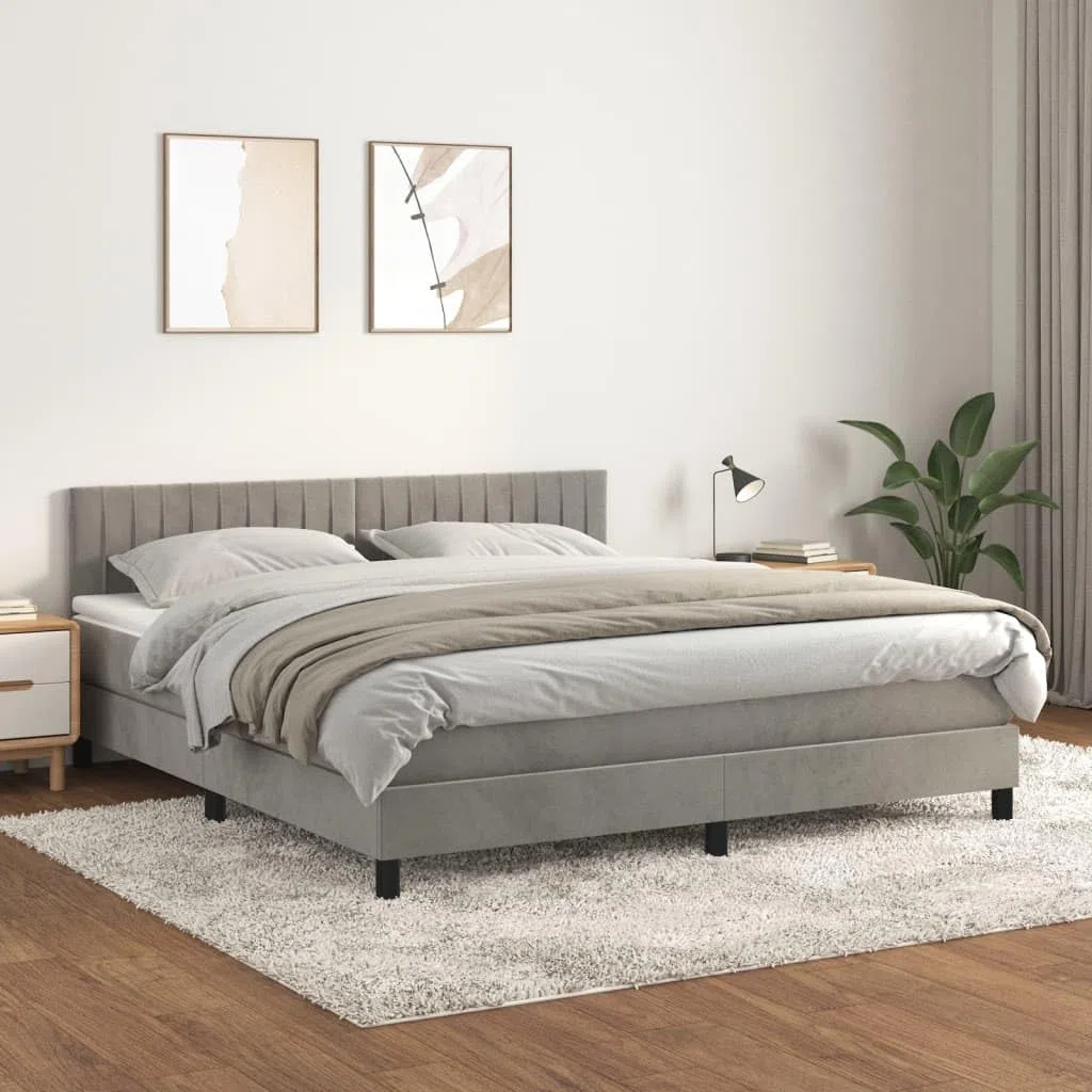 KOIECETA Boxspringbett mit Matratze Polsterbett Bett Hotelbett Einzelbett Bettrahmen Bettgestell Lattenrost Schlafzimmerbett Hellgrau 180x200 cm Samt